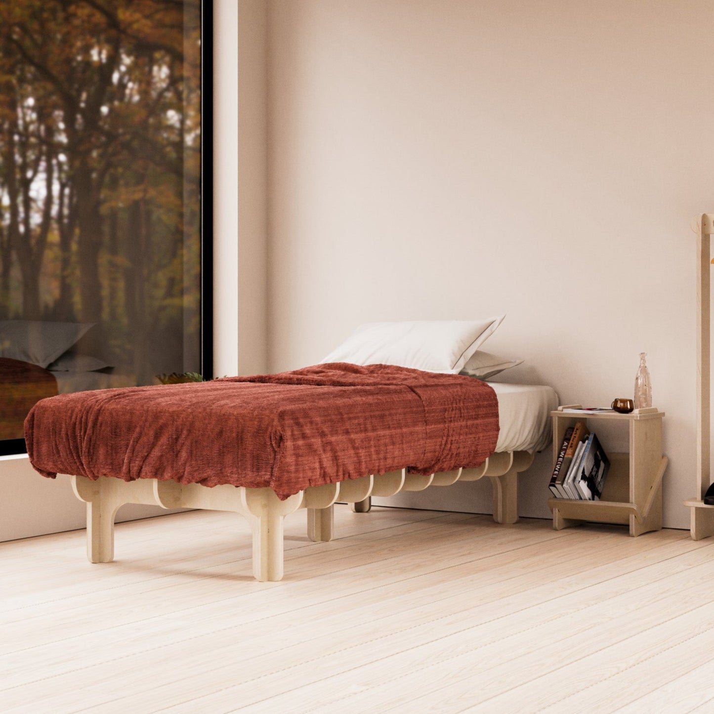 wood bed platform, easy to assemble, modular, birch wood, modern style, disassembled flat packWood Bed Frame, japanese style, modern, minimalist design, with headboard, built-in. easy assembly.