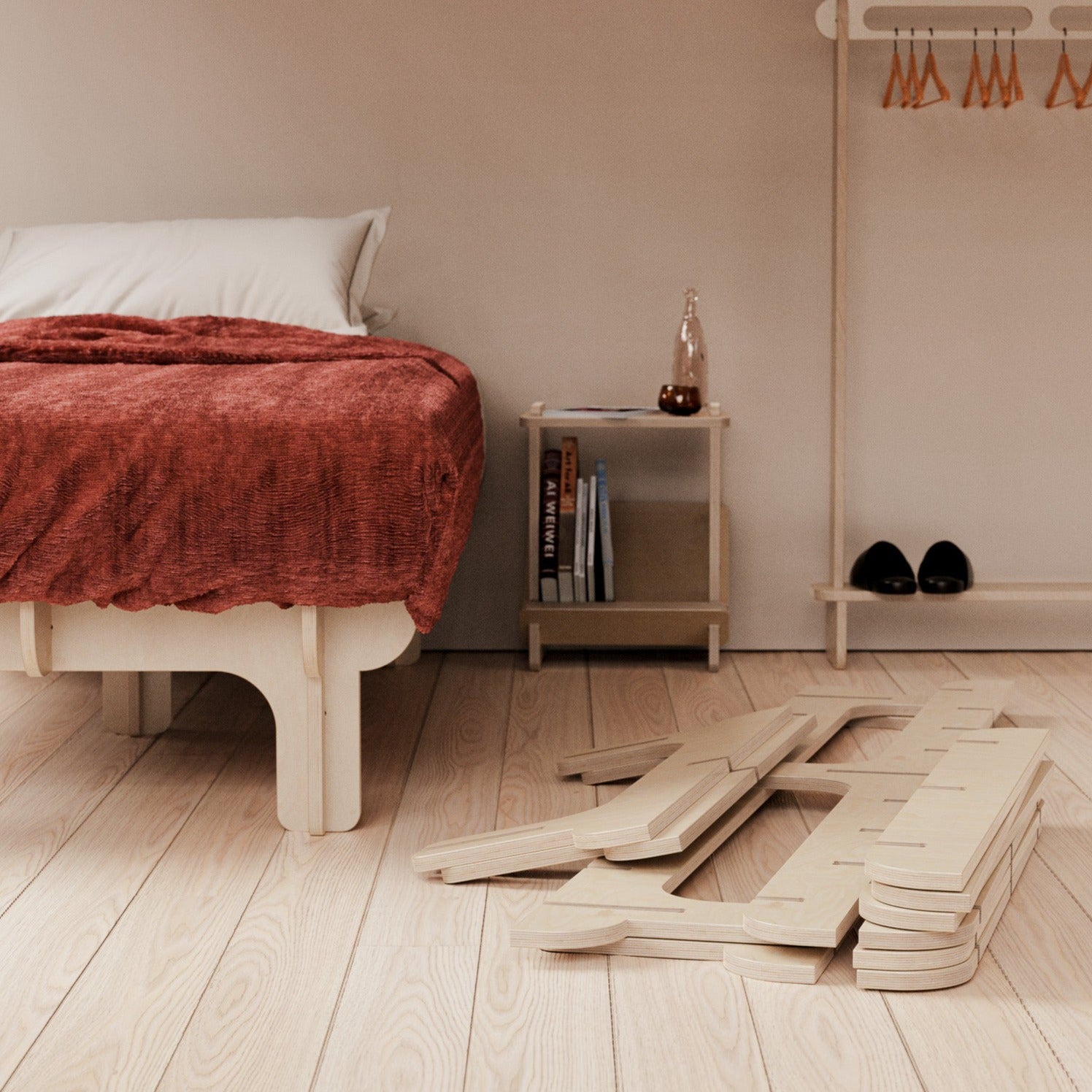 wood bed platform, easy to assemble, modular, birch wood, modern style, disassembled flat pack