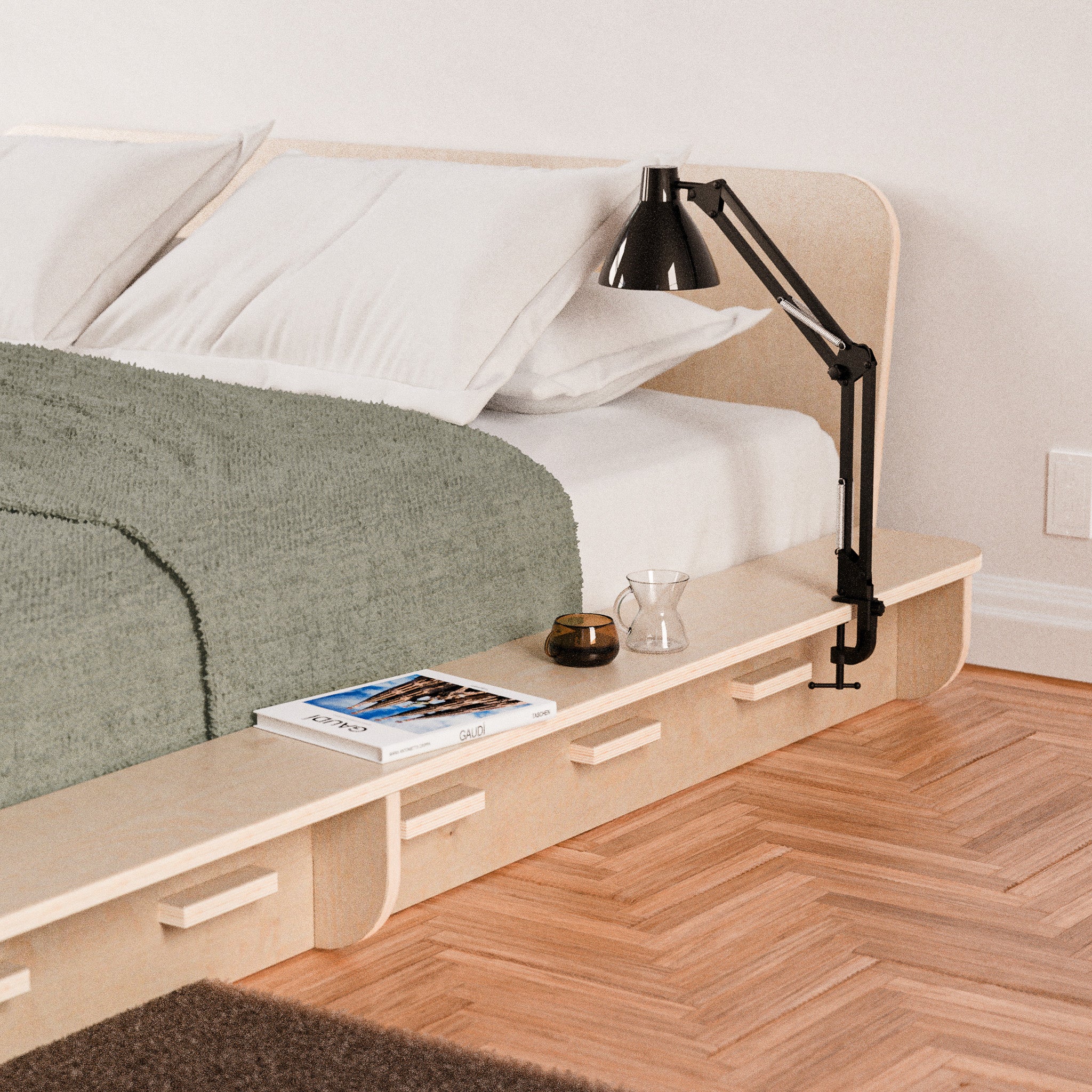 Bed Platform, wood, in modern bedroom. Minimalist design. Japanese joinery.