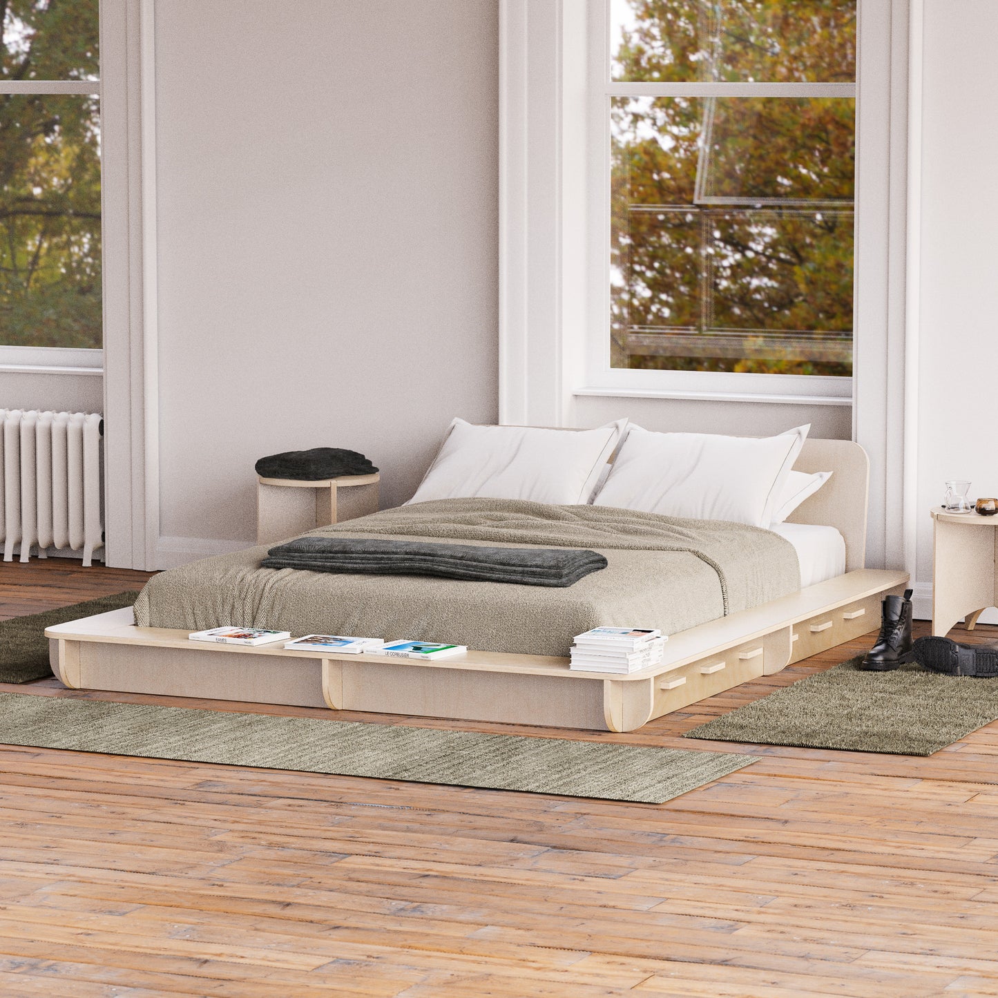 bed platform, wood, minimalist design, modern bed frame, modern apartment, brooklyn, hypster design, nordic design, easy assembly