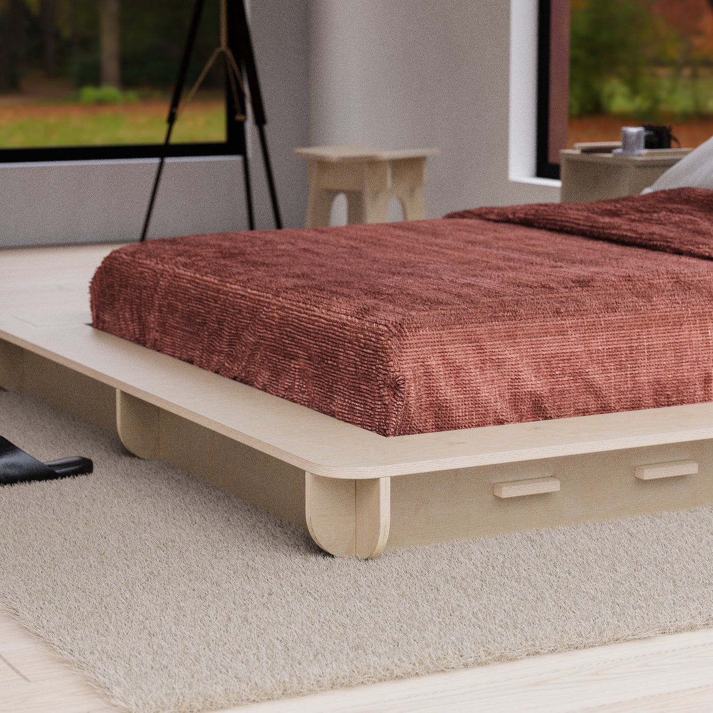 bed platform, wood, minimalist design, modern bed frame, modern apartment, brooklyn, hypster design, nordic design, easy assembly
