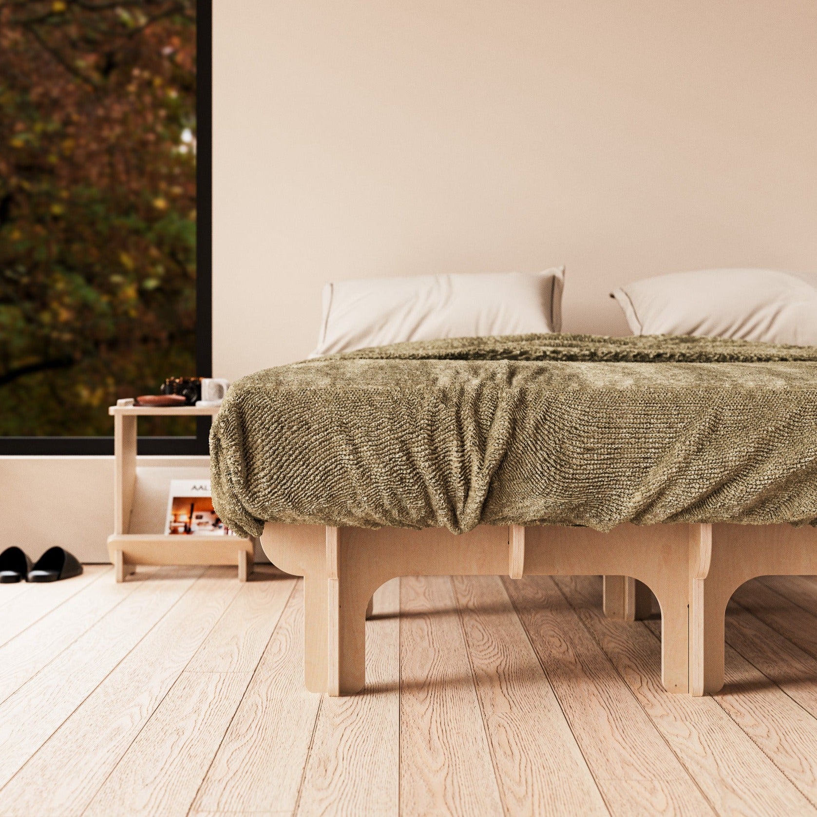 The Dovid Bed platform Studio FurnisWood Bed Frame, japanese style, modern, minimalist design, with headboard, built-in. easy assembly.