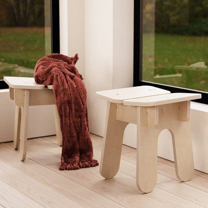 wooden stool red blanket