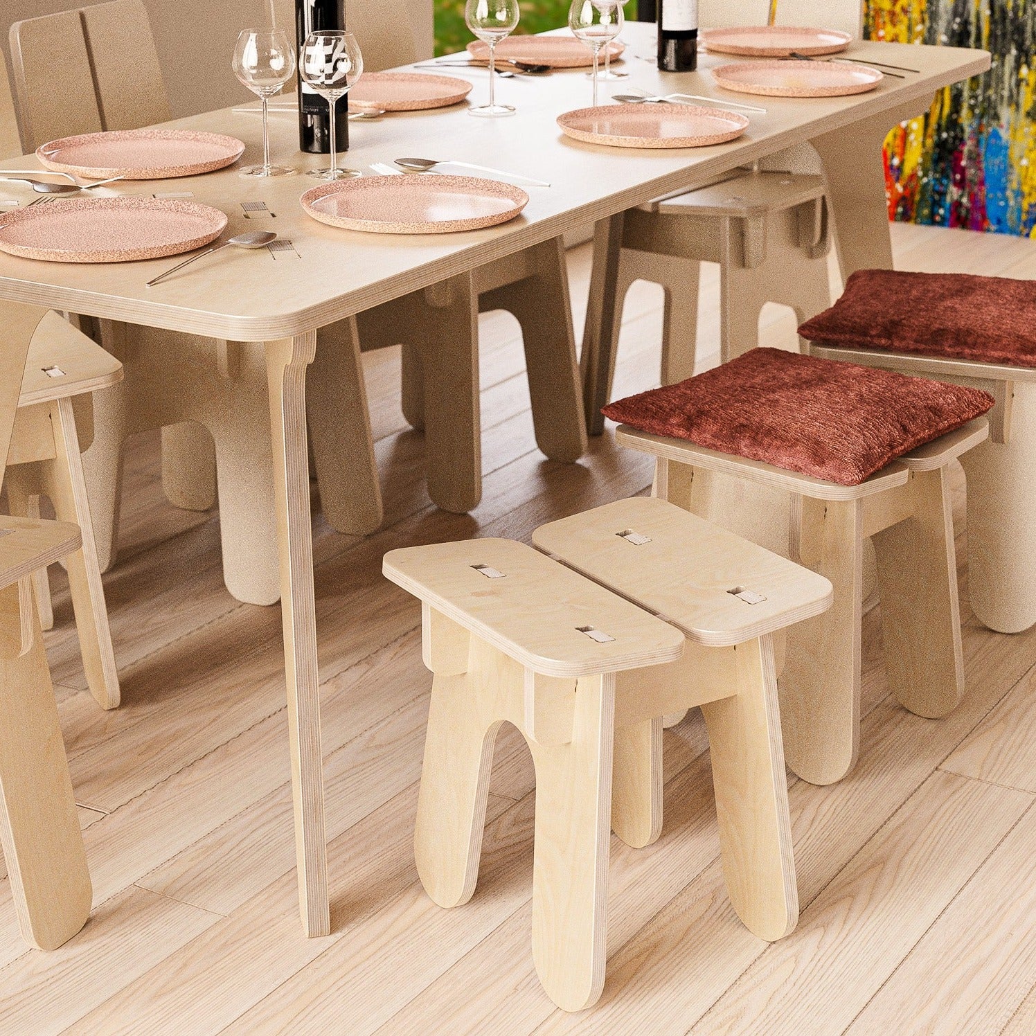 wooden stool in dining table set