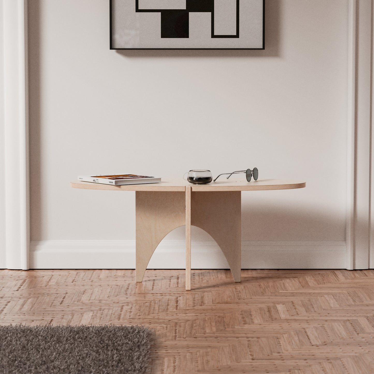 Wood coffee table, minimalist design, wood, easy assembly, modern design