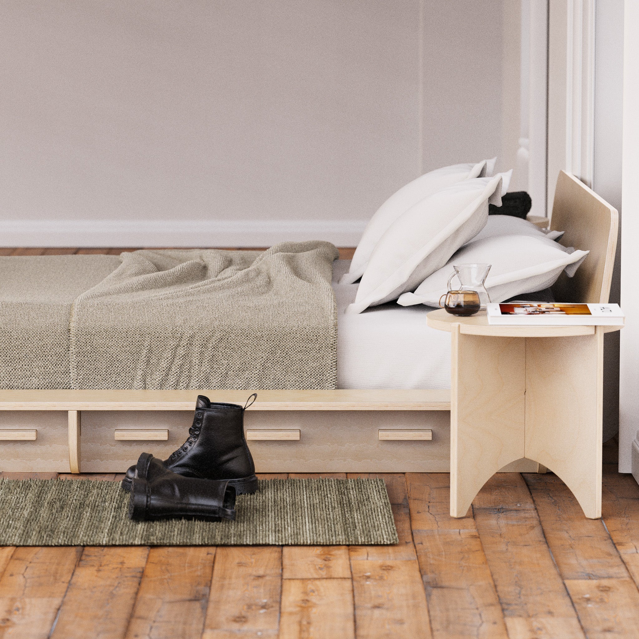 bed platform, wood, minimalist design, modern bed frame, modern apartment, brooklyn, hypster design, nordic design, easy assembly