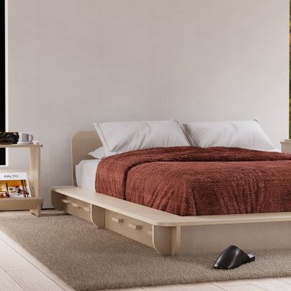 bed platform, wood, minimalist design, modern bed frame, modern apartment, brooklyn, hypster design, nordic design, easy assembly
